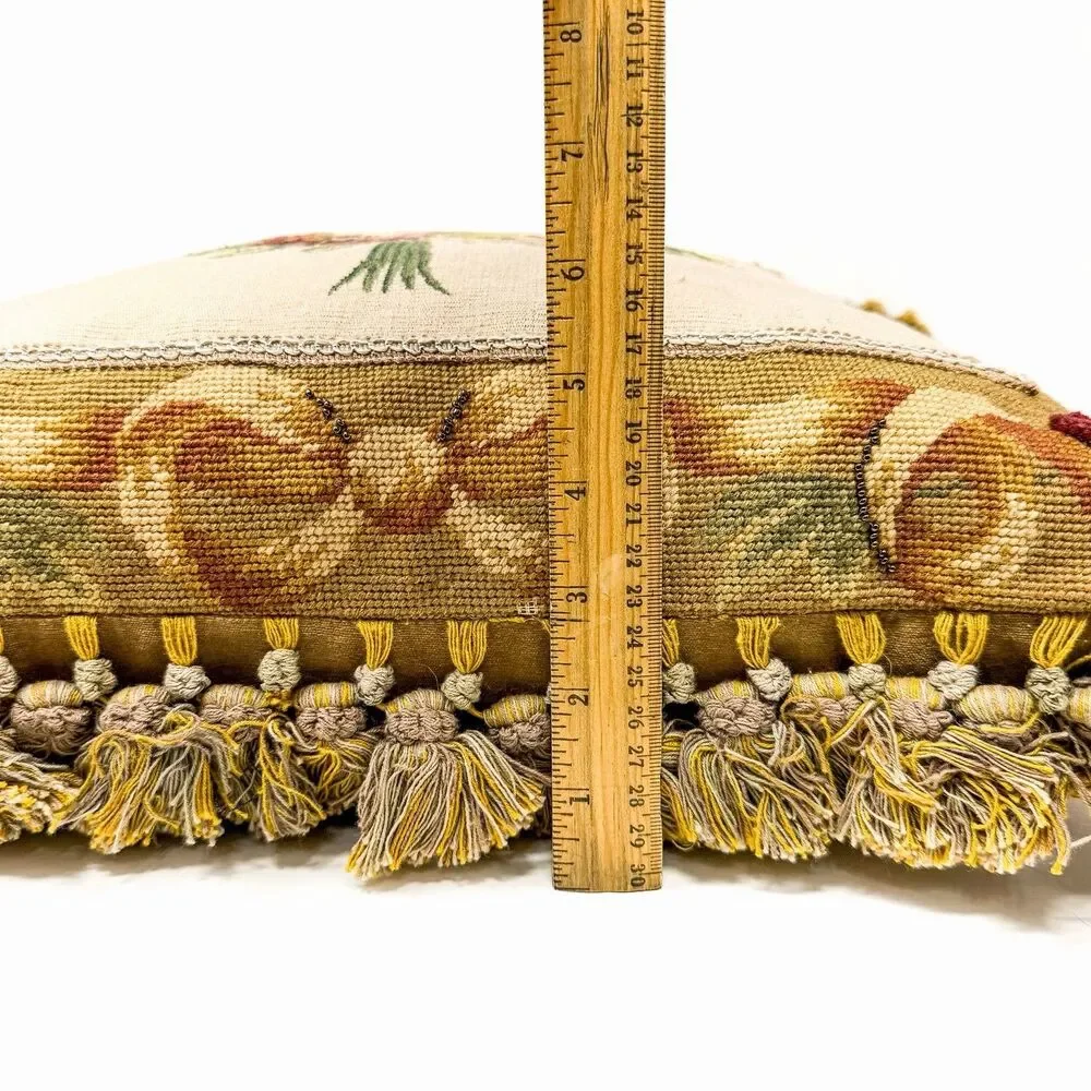 Vintage 18” Aubusson Floral Petit Point Needlepoint Beaded Tassel Throw Pillow